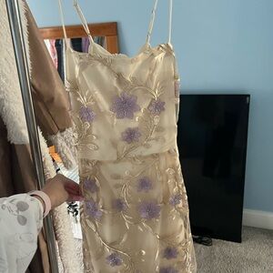 Floral Embroidered Cream and Purple Dress